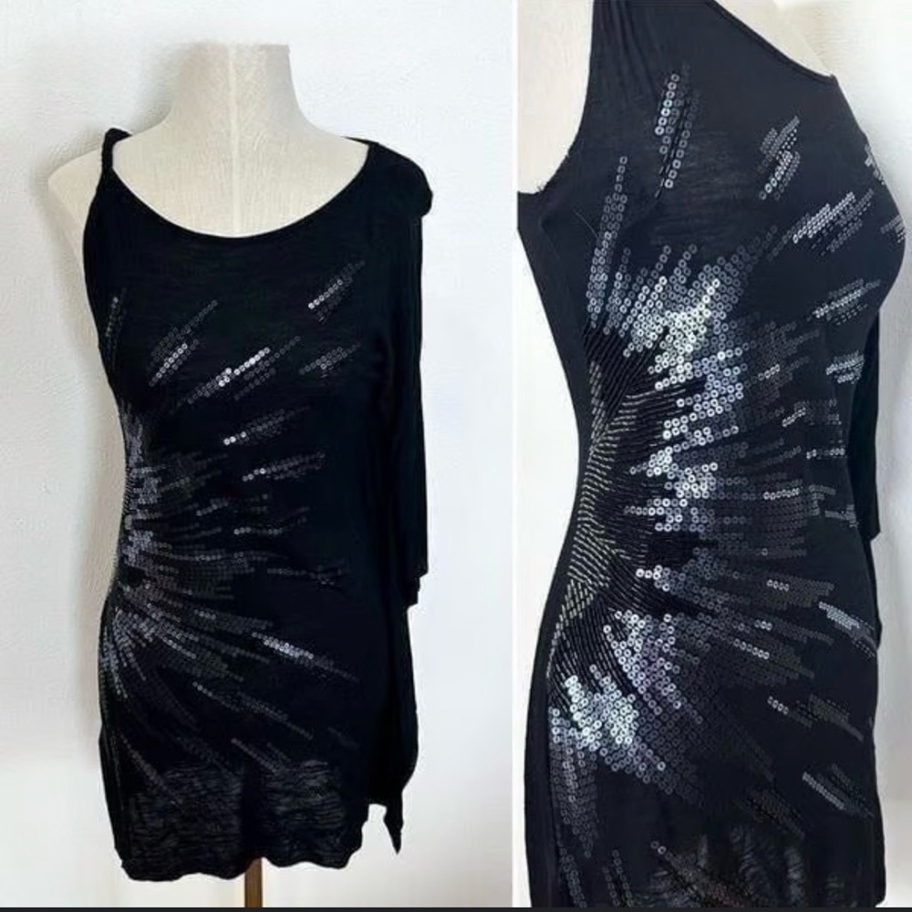 All Saints Black One Shoulder Dress with Silver Accents